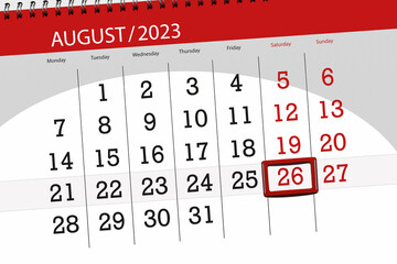 Calendar 2023, deadline, day, month, page, organizer, date, August, saturday, number 26