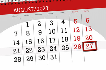 Calendar 2023, deadline, day, month, page, organizer, date, August, sunday, number 27