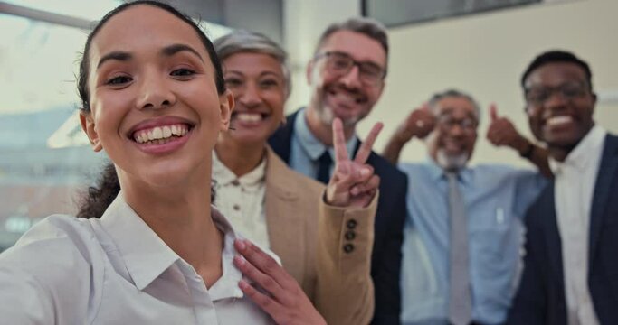 Business people, smile and peace sign for selfie in team building, social event or funny photo at the office. Group of happy employees posing in fun picture, vlog or online post together at workplace