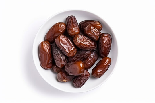Bowl of pitted dates isolated on white background, generative ai