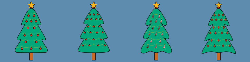 A set of Christmas trees with decoration on a background in a colorful Christmas concept, Vector illustration
