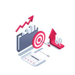 isometric vector illustration on a white background, a target with an arrow near a folder with a chart and a growing arrow next to a sheet with a list and checkmarks, business plan