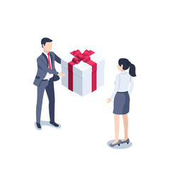 isometric vector illustration on a white background, a man in a business suit gives a woman a gift box with a bow, gift or promotion