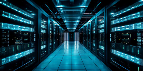 Fototapeta premium A server room racks in computer network security, data center, futuristic digital environment.