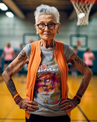 Older woman with tattoos on her arms and hands on her hips standing on basketball court. Generative AI.