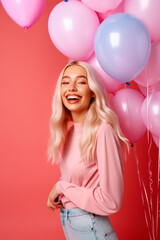 Woman standing in front of bunch of pink and blue balloons with smile on her face. Generative AI.