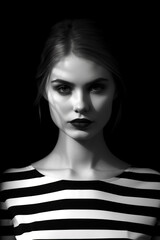 Black and white photo of woman's face with dark makeup. Generative AI.