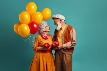 Obraz na płótnie Canvas Man and woman standing next to each other holding bunches of balloons. Generative AI.