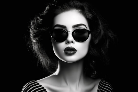 Woman wearing sunglasses and black and white image of woman's face. Generative AI.