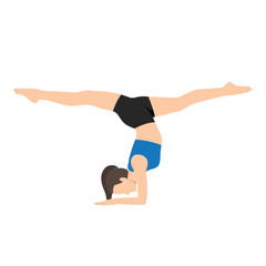 Woman doing Handstand with splits, variation of Pincha Mayurasana yoga exercise. Flat vector illustration isolated on white background