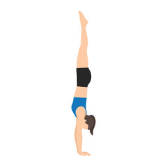 Woman doing Adho Mukha vrksasana or handstand pose yoga exercise. Flat vector illustration isolated on white background