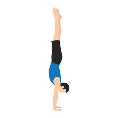 Man doing Adho Mukha vrksasana or handstand pose yoga exercise. Flat vector illustration isolated on white background