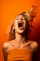 Woman with her mouth open and her hair blowing in the wind with orange background. Generative AI.