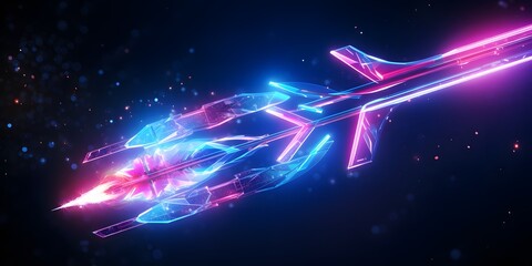 abstract neon arrow. Speed and technology concept. Glowing pink blue lines and bokeh lights, AI Generative
