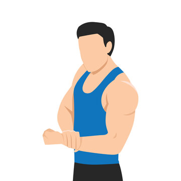 Young natural bodybuilder shows his muscles side view. Flat vector illustration isolated on white background