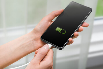 female hands connect USB cable to smartphone for charging