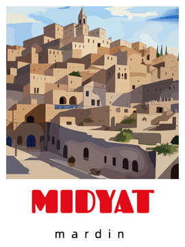 Midyat: Retro tourism poster with a Turkish landscape and the headline Midyat / Mardin