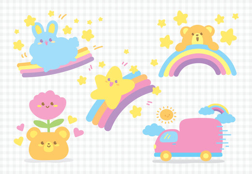 cute happy sweet pastel kawaii cartoon illustration graphic element vector set for decorating your artwork