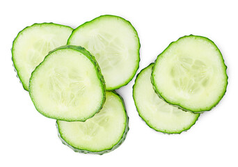 heap of sliced cucumber on a white isolated background, top view