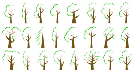 Collection of illustrations of trees. Abstraction of trees. Various trees.