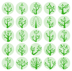 Collection of illustrations of trees. Green trees in light circles. Wood for every taste. Abstraction of trees with leaves.