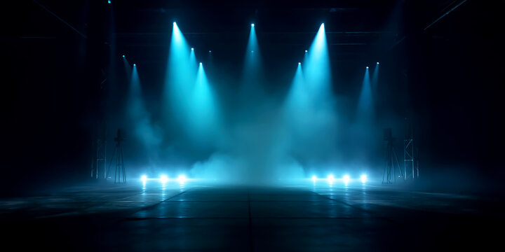 Blue stage lights on stage with darkness and smoke.