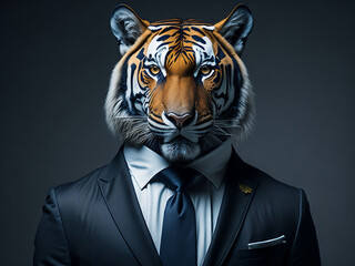 Portrait of a tiger in a business suit on a dark background.