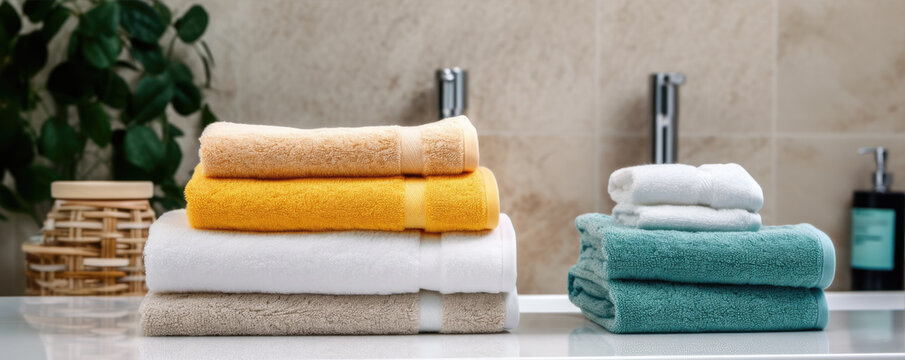 Stack of towels in bathroom countertop. generative ai