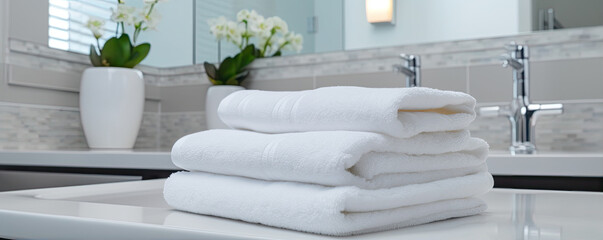 Fototapeta na wymiar Stack of towels in bathroom countertop. generative ai