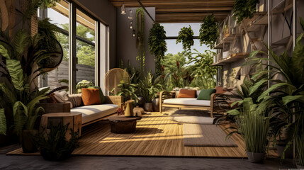 Obraz na płótnie Canvas 3D render Nature's Haven- A Serene Fusion of Living Room and Garden relax view for Tranquility and Harmonious Connection interior design.jpg