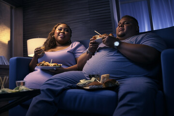 A young couple sitting at home and eats junk food. They both suffer from obesity and overeating. - obrazy, fototapety, plakaty