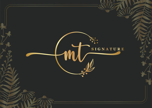 luxury gold signature initial MT logo design isolated leaf and flower
