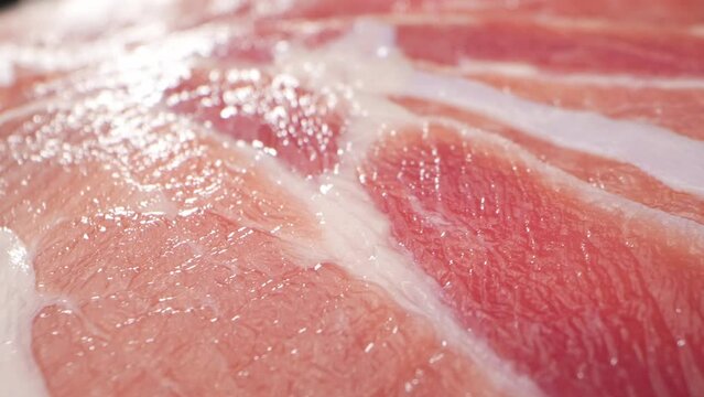 Macro video showcases the raw pork belly slice in exquisite detail, highlighting its marbling and texture. The probe lens captures every intricate aspect, creating a captivating visual feast. 4K UHD
