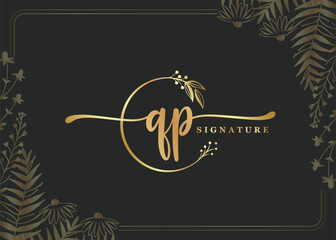 sign bf-08luxury gold signature initial QP logo design isolated leaf and flower