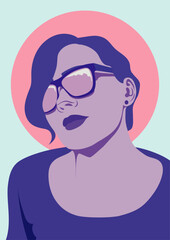 Woman with sunglasses and short hair vector portrait, female face flat illustration poster