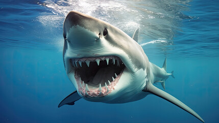 Obraz premium Blue shark with its mouth open under water