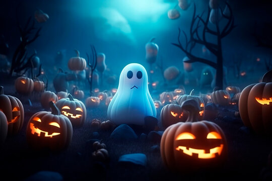 Halloween. Cute ghost with pumpkins at spooky halloween night. Generative ai