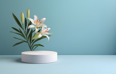 Blank cylinder podium with lily flowers on blue background. Display for product presentation