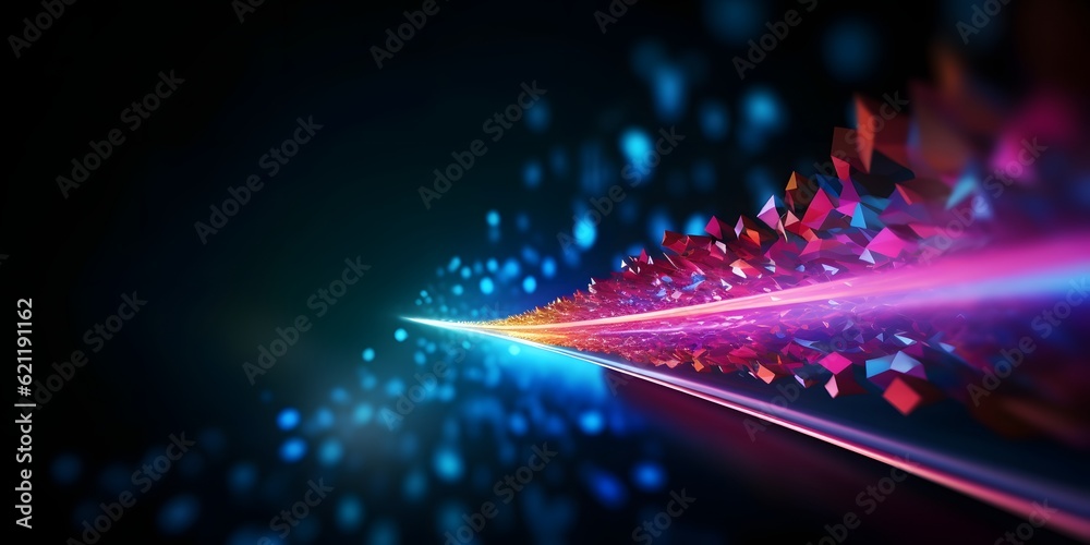 Wall mural abstract neon arrow. speed and technology concept. glowing pink blue lines and bokeh lights, ai gene