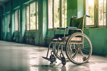 Fototapeta na wymiar wheelchair and abandoned hospital, Generative AI