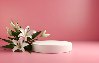 Fototapeta na wymiar Blank cylinder podium with lily flowers on pink background