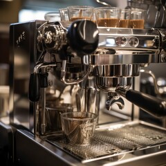 Close up from bottom of professional coffee machine preparing fresh espresso coffee. Generative AI