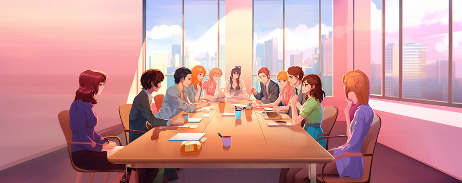 Masterful Minds Unite: Captivating Collaboration in a Colorful Cartoon Office,illustration,created with Generative AI Technology