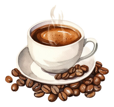 recommend clip art: Cup of morning coffee with coffee beans. Watercolor hand drawn illustration isolated.
