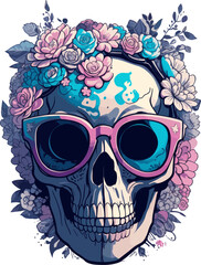Fancy smiling skull in sunglasses with fantasy flowers around, vintage style flat sticker t-shirt vector illustration.