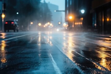 rainy urban night scene with cars on a wet street. Generative AI - obrazy, fototapety, plakaty