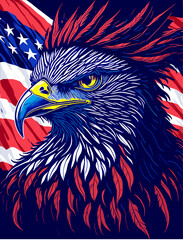 Eagle head isolated on black background with USA flag