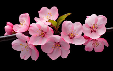 macro Pink cherry tree blossom, Bright pink cherry tree flowers isolated on black