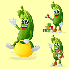 Cute cucumber characters playing with kid toys