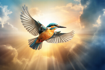 Javan kingfisher flying on background